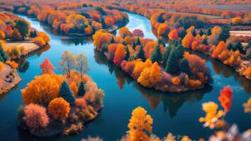Aerial View of Winding River in Autumn with Vibrant Fall Foliage photo