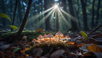 Mushrooms Growing in Forest with Sunlight Streaming Through the Trees photo