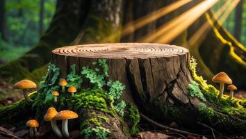 Tree Stump in Forest with Mushrooms and Sunlight Creates Serene Scene photo