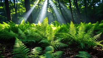 Ferns in Forest with Sunlight Streaming Through Trees Creates Serene Scene photo