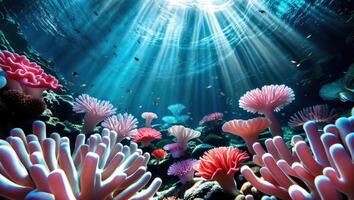 Exploring Underwater Colorful Coral Garden with Light Rays Shimmering Through photo
