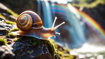 Snail Crawling on Mossy Rock with Waterfall and Rainbow Backdrop photo