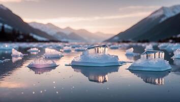 Ice Floating on Cold Water with Mountain Landscape at Sunset photo