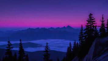 Majestic Mountain Range Landscape with Trees at Twilight with Fog photo