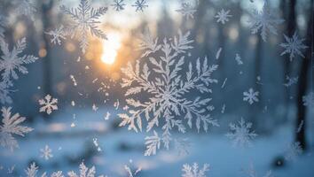 Snowflake Patterns on Window with Sunlight Creates a Winter Mood photo
