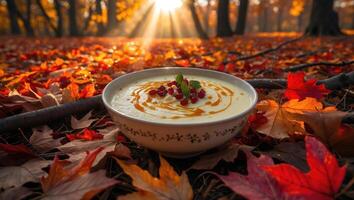 Autumn Soup Bowl Garnished with Berries on Fallen Leaves Outdoors photo
