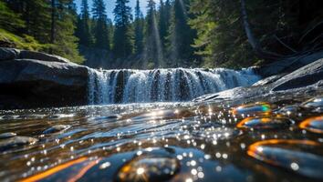 Cascading Waterfall Scene Flowing Through Rocks with Reflections and Sunshine photo