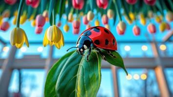 Ladybug on Leaf with Tulips Hanging in a Glass Structure photo
