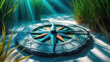 Stone Compass on Sandy Ocean Floor with Sun Rays Shining Through photo
