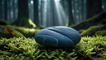 Smooth Stone Resting on Moss in Lush Forest with Sunlight photo