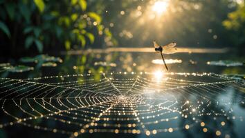 Dragonfly Resting on Dew Covered Spiderweb Over a Reflective Pond photo