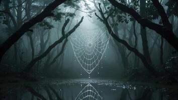 Spiderweb in Misty Forest with Water Reflection Creates Eerie Scene photo