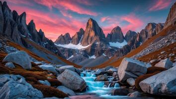Cascading Stream Flows Through Rocky Mountain Valley During Colorful Sunset photo