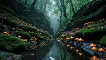 Mushrooms Reflecting in Stream Water Inside a Mystical Green Forest photo