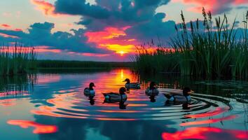 Ducks Swimming in Calm Lake Reflecting Sunset and Tall Grass photo