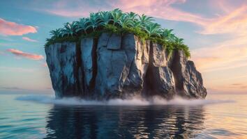 Tropical Island Floating Above Ocean at Sunset with Colorful Sky photo