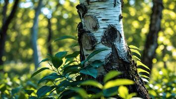 Birch Tree Trunk Detail Surrounded by Greenery in Forest Setting photo