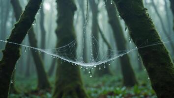 Spiderweb with Dewdrops Hanging in Misty Forest on Mossy Trees photo