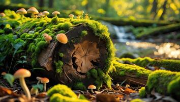 Mushrooms and Moss Growing on Fallen Log in Forest Scenery photo