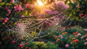 Spiderweb with Dew Drops Sparkling in the Sunlight in Garden photo