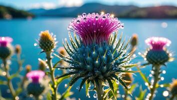 Purple Thistle Flower Covered in Water Droplets with a Lake Background photo