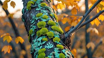 Tree Bark Covered in Lichen and Autumn Leaves in Background photo