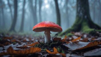 Red Mushroom Standing in Forest with Foggy Background and Autumn Leaves photo