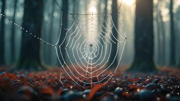 Spiderweb Covered in Dewdrops in a Forest on Fallen Leaves photo