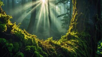 Sun Rays Streaming Through Dense Forest with Mossy Tree Trunks photo