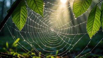 Spiderweb with Dew Drops Shines in Morning Sunlight in Forest photo