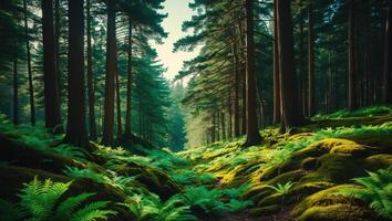 Walking Through Green Forest with Ferns and Mossy Rocks photo
