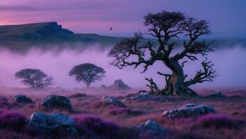 Magical Tree Landscape with Fog and Heather Field at Dusk photo