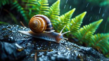 Snail Crawling on Rock During Rain with Ferns in Background photo
