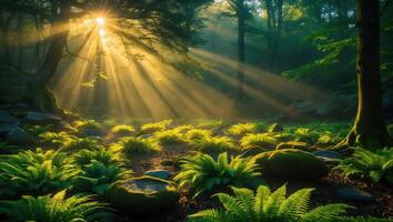 Sun Rays Shining Through Trees in Forest with Green Ferns photo