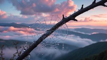 Dew Covered Spiderweb on Branch with Mountain Sunset Background photo