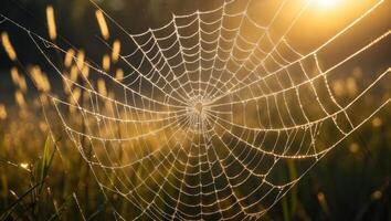 Spiderweb Covered in Dew Drops in a Field at Sunrise photo