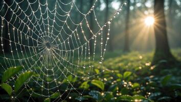 Spiderweb with Water Droplets Shines in Forest Sun Creating Eerie Mood photo