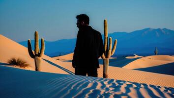 Person Standing in Desert Landscape with Cactus and Mountain Backdrop photo