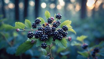 Blackberries Growing on Vine in Forest Setting with Bokeh Sunlight photo