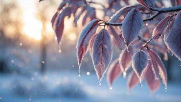 Snow Covered Leaves with Ice Droplets Shining in Winter Sunlight photo