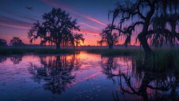 Tranquil Marshland Scene Trees Reflecting Colorful Sunset Sky photo