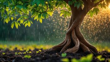 Tree in the Rain Sunlight Breaking Through Artistic Root Structure photo