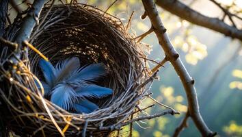 Bird Nest Holding Feathers on Branch in Sunlight Creating Calming Scene photo
