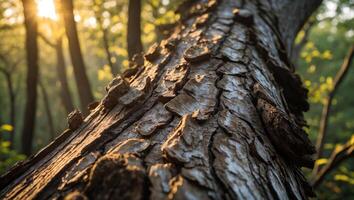 Sunlit Tree Trunk Texture in Forest Environment Close Up View photo