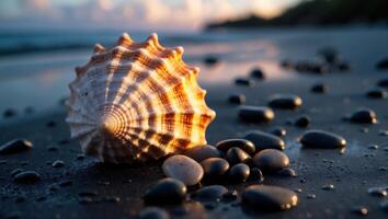 Seashell and Smooth Stones on Beach at Sunset with Soft Light photo