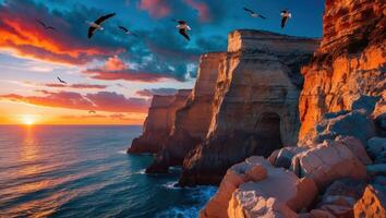 Seascape Cliffs at Sunset with Birds Flying Above the Ocean photo