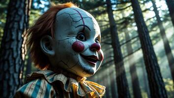 Creepy Doll in Forest with Cracks on Face and Clown Makeup photo