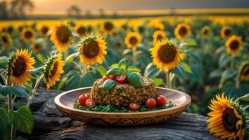 Serving of Plant Based Food Decorated with Basil, Tomatoes, in Sunflower Field photo