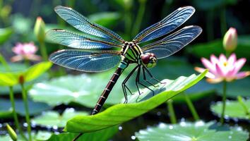 Dragonfly Resting on a Leaf in Pond with Lotus Flowers photo