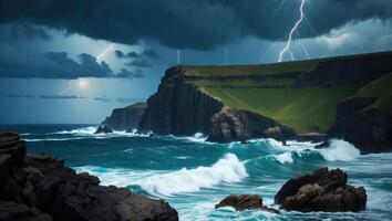 Stormy Ocean Waves Crashing Against Cliffside with Lightning Strikes in Sky photo